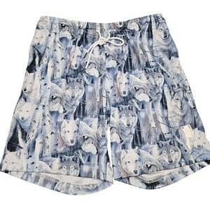 Lamb Chops Wolf Print Shorts XL Blue Allover Graphic Mesh Athletic Streetwear‎
